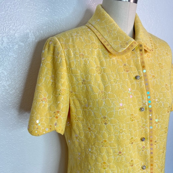 RARE Vintage 70s retro St. John yellow knit holographic daisy sweater top 6 - Picture 5 of 6
